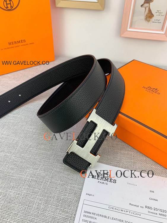 AAA Replica Hermes Belt Men 38MM - Black Reversible Leather Strap